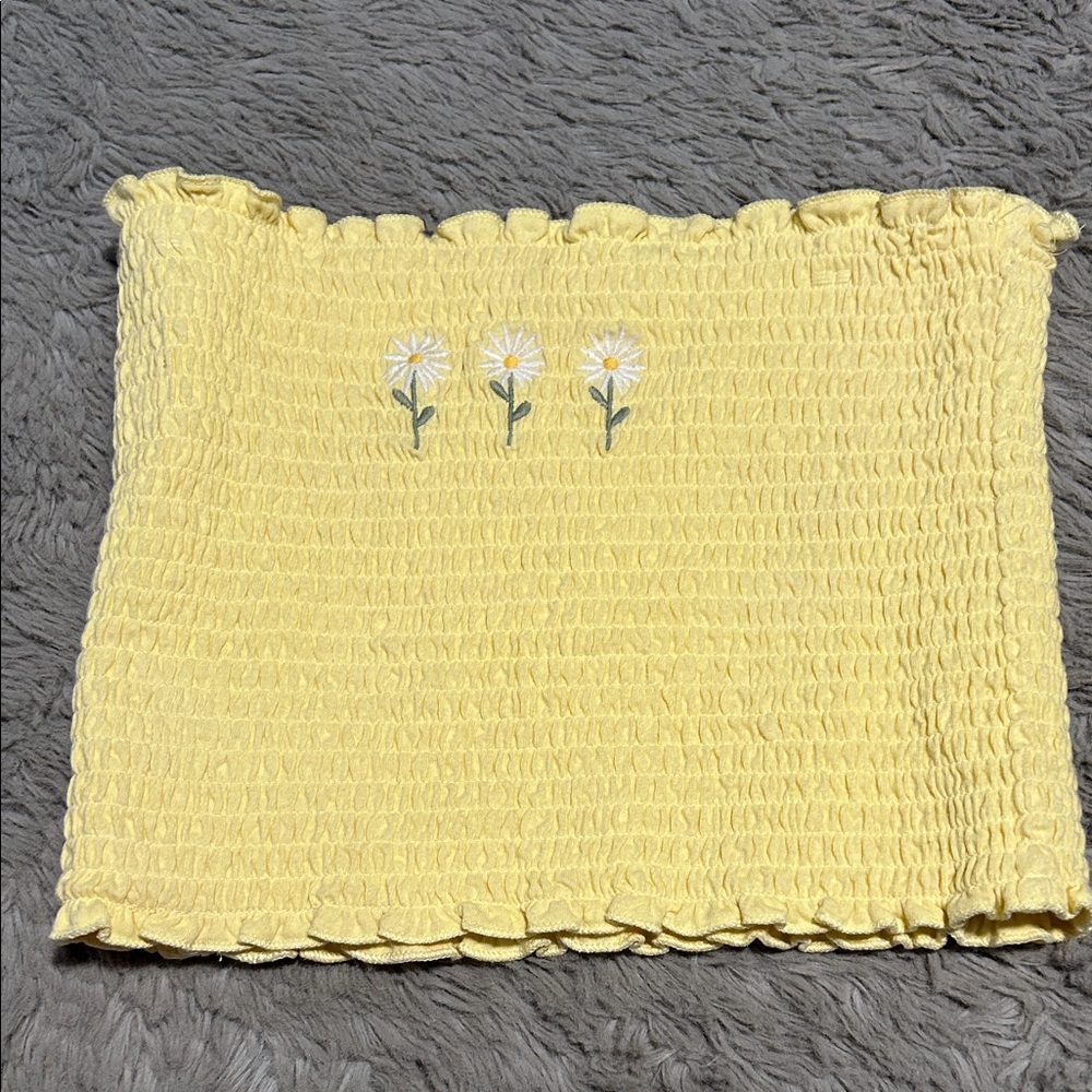 Yellow Smocked Tube Top with Floral Embroidery